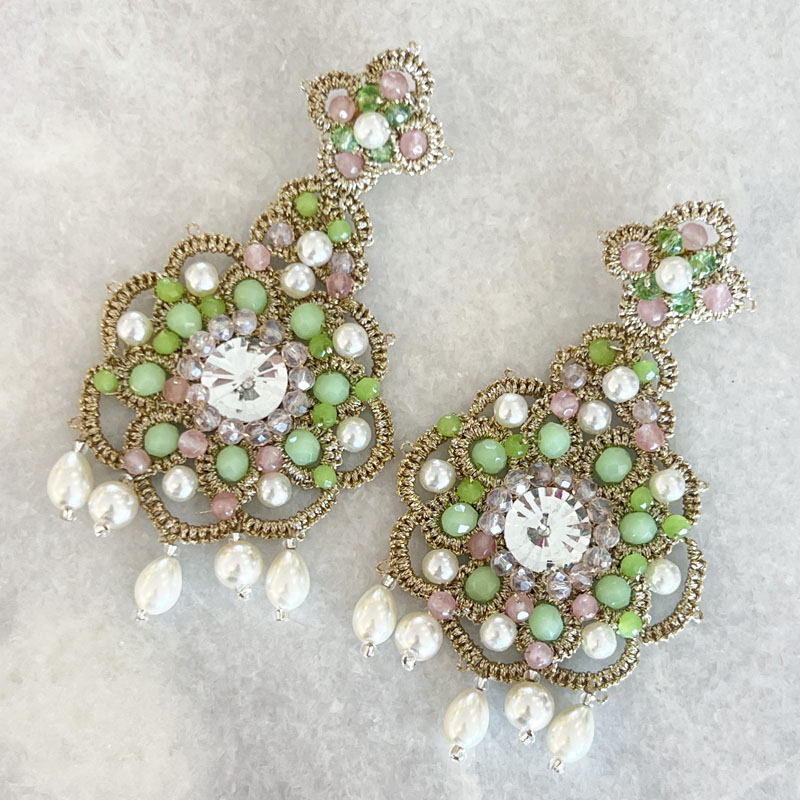 Handwoven Gold Crochet, Tatting And Embroidered Lightweight Crystal Statement Earrings