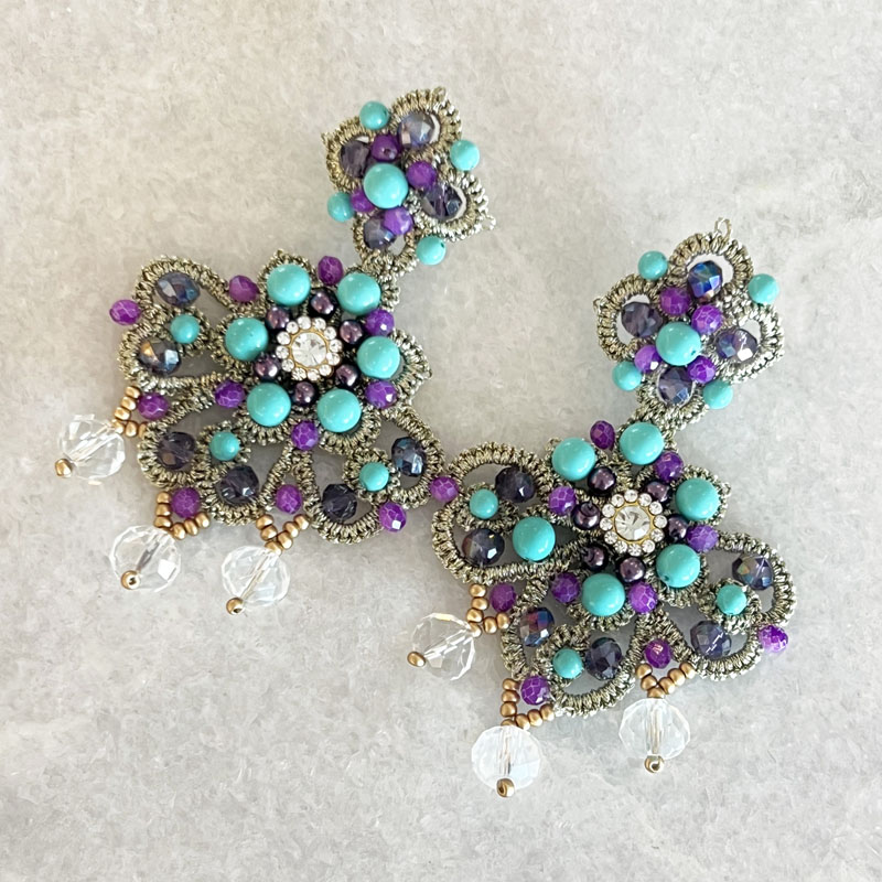 Handwoven Gold Crochet, Tatting And Embroidered Lightweight Crystal Statement Earrings
