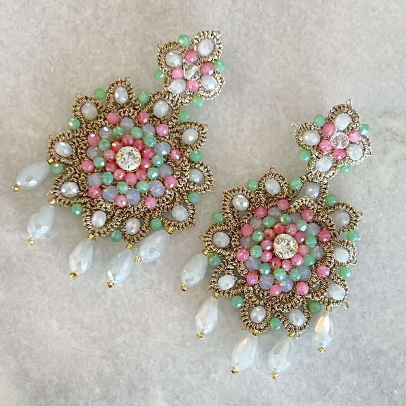 Handwoven Gold Crochet, Tatting And Embroidered Lightweight Crystal Statement Earrings
